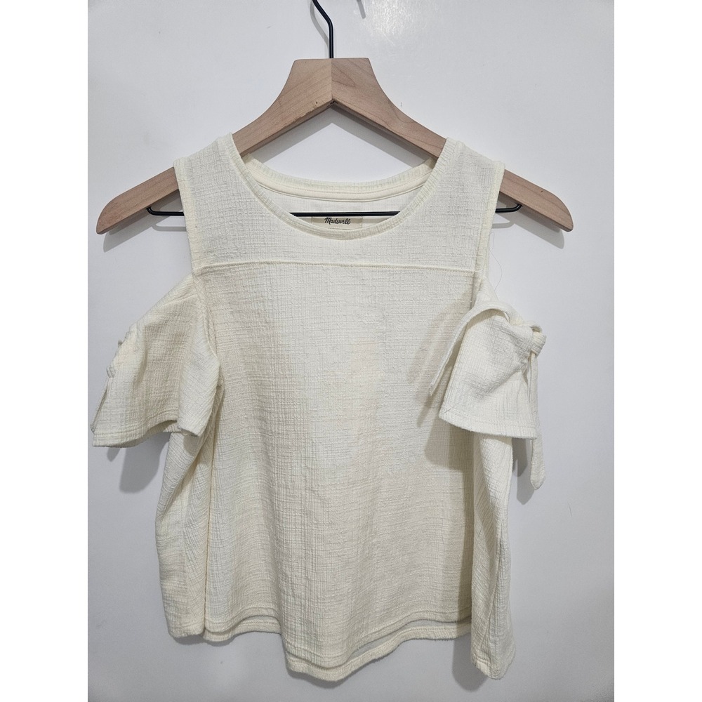 Madewell Womens Cold Shoulder Tie Sleeve Textured‎ Top Ivory Off White XS
